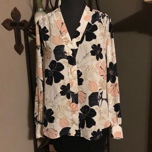 Ann Taylor Ivory Floral Button-Down Shirt with Black & Blush Print